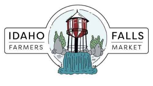 Logo for Idaho Falls Farmers Market with a market building and cacti design.