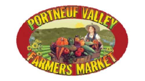 Logo of Portneuf Valley Farmers Market with a woman and vegetables on a red background