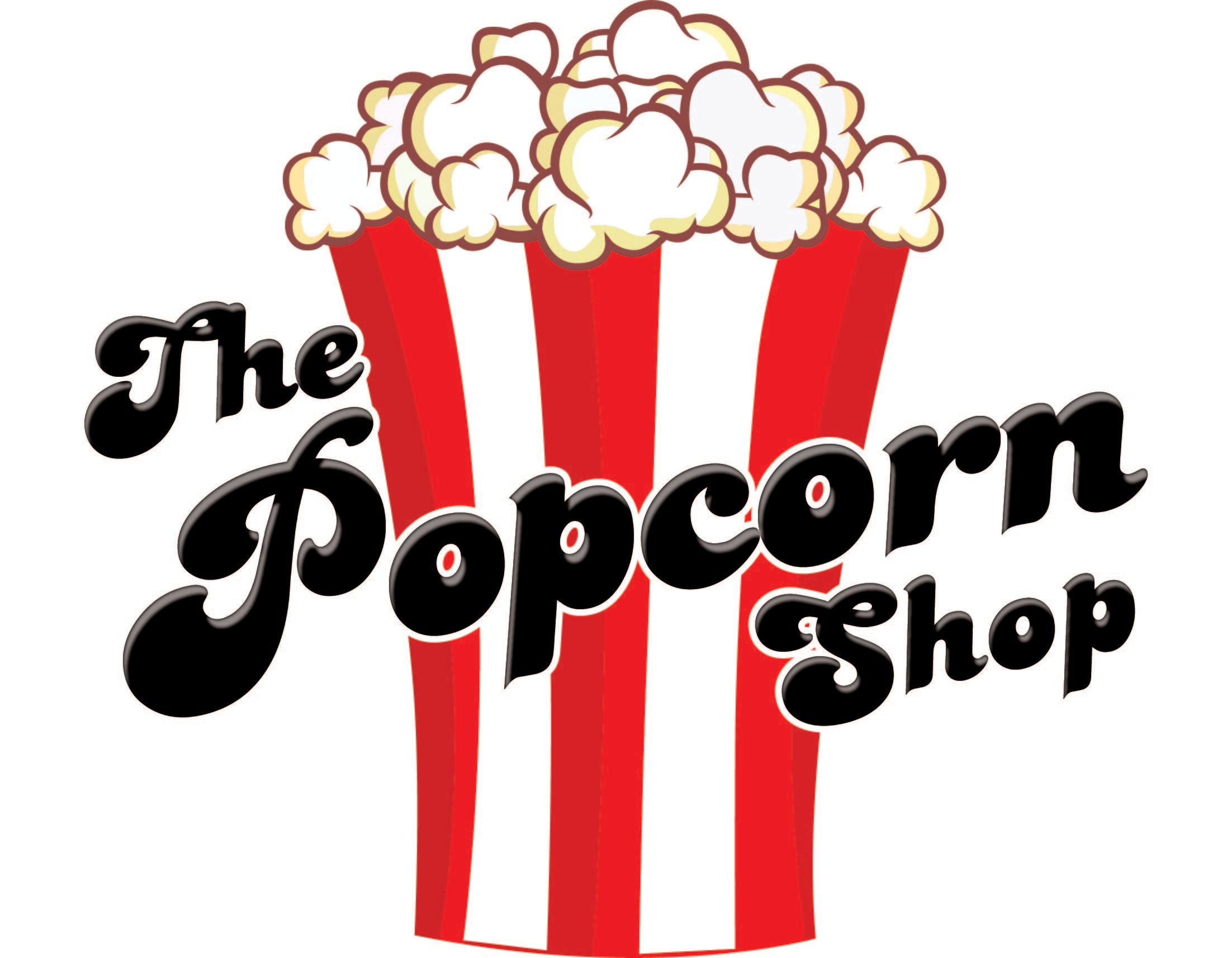 Logo of 'The Popcorn Shop' with red and white striped popcorn buckets and popcorn on a white background.